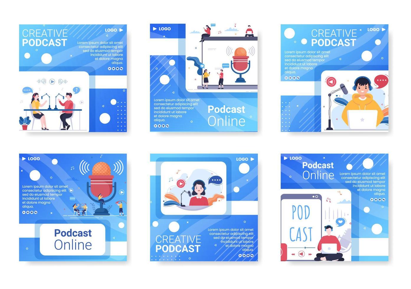 People Using Headset to Podcast Post Template Flat Design Illustration Editable of Square Background for Social Media or Greeting Card vector