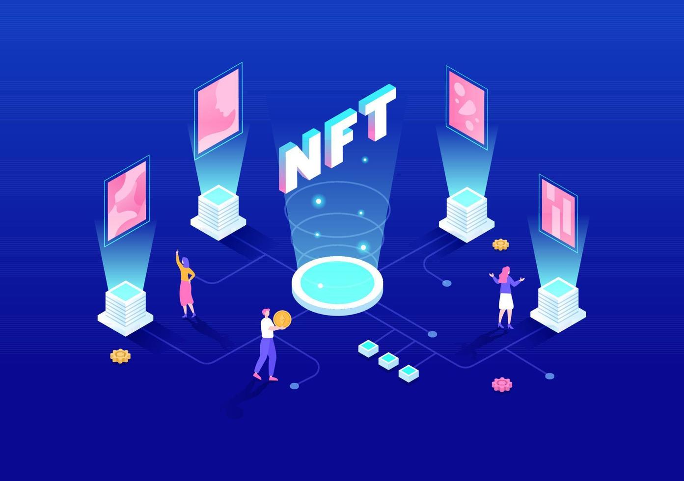 NFT Non Fungible Token Crypto Art of Converting Into Digital Network with Coin Servers for Banner or Poster in Flat Background Illustration vector