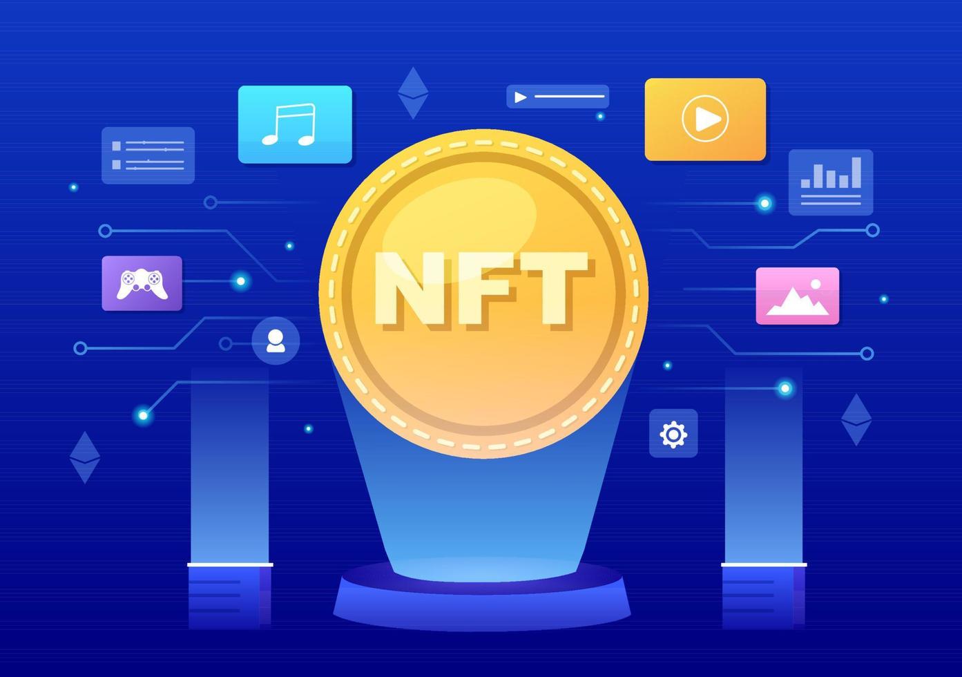 NFT Non Fungible Token Crypto Art of Converting Into Digital Network with Coin Servers for Banner or Poster in Flat Background Illustration vector