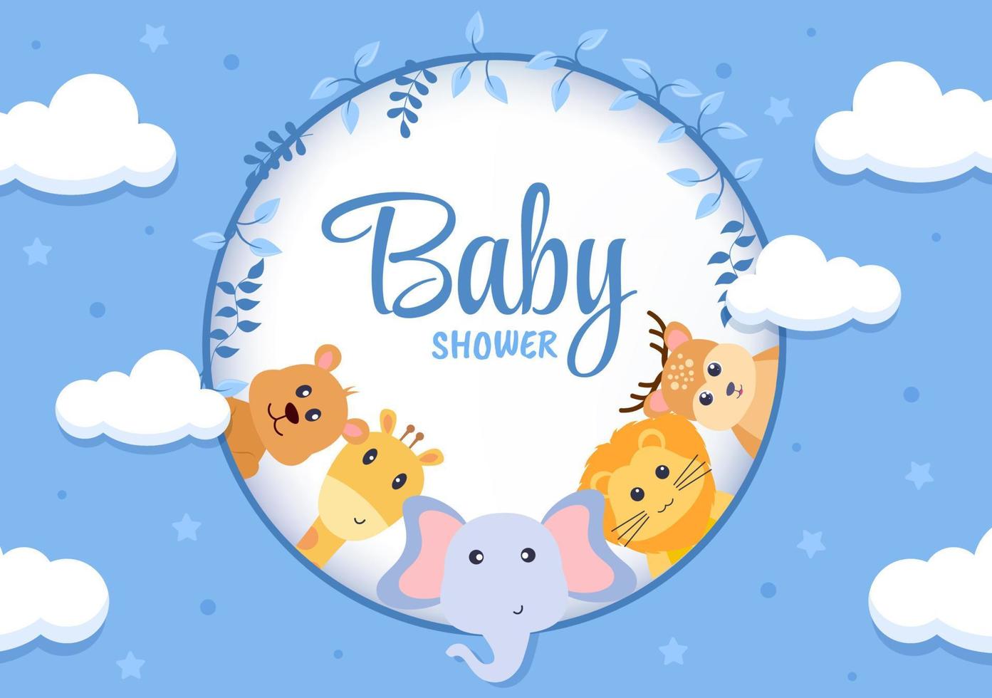 Baby Shower Little Boy or Girl with Cute Jungle Animals Design Background Vector Illustration Suitable for Invitation and Greeting Card