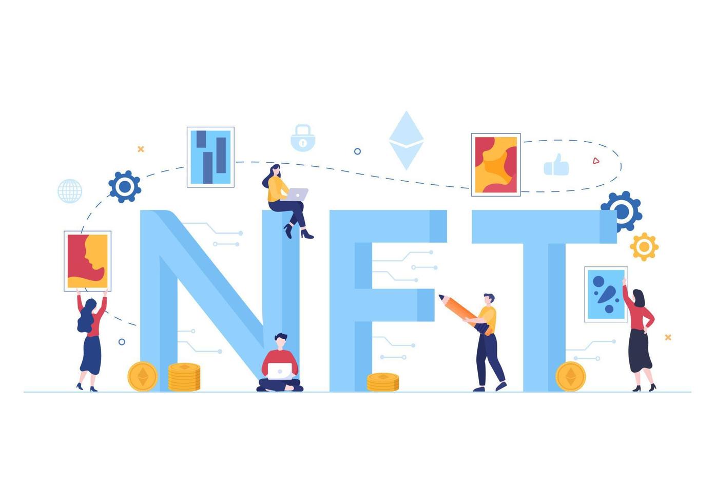 NFT Non Fungible Token Crypto Art of Converting Into Digital Network with Coin Servers for Banner or Poster in Flat Background Illustration vector