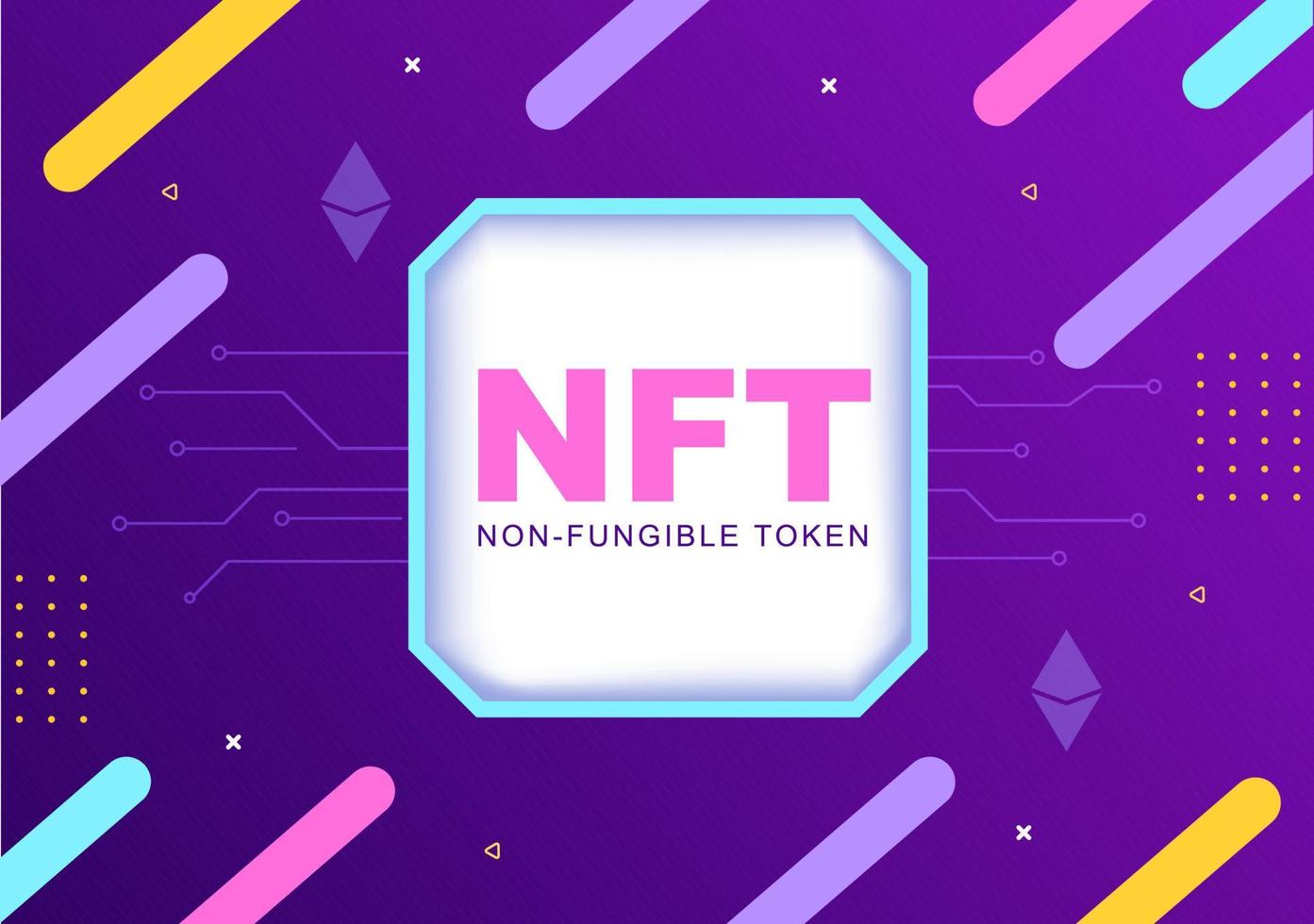 NFT Non Fungible Token Crypto Art of Converting Into Digital Network with Coin Servers for Banner or Poster in Flat Background Illustration vector