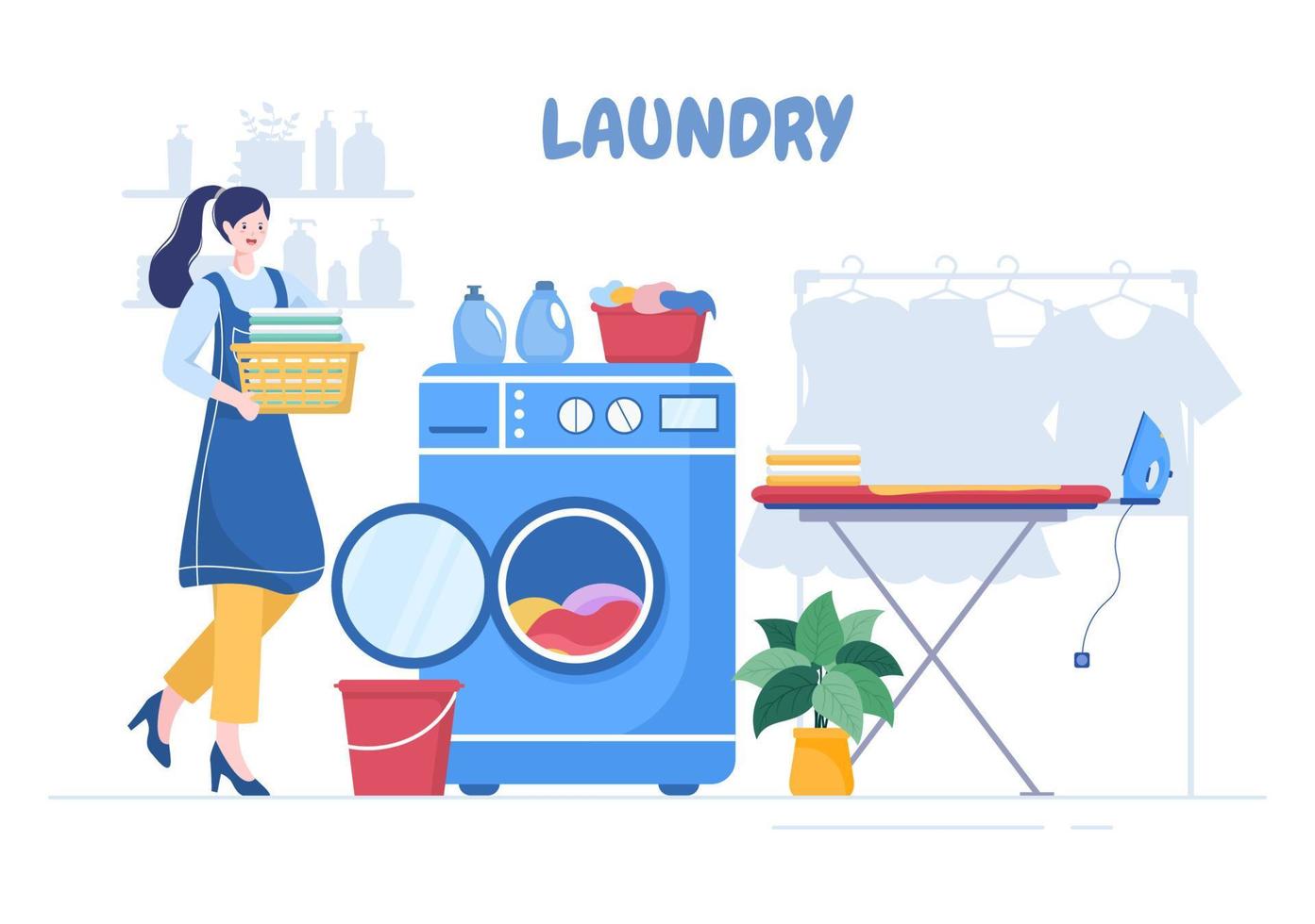 Laundry with Wash and Drying Machines in Flat Background Illustration. Dirty Cloth Lying in Basket and Women are Washing Clothes for Banner or Poster vector