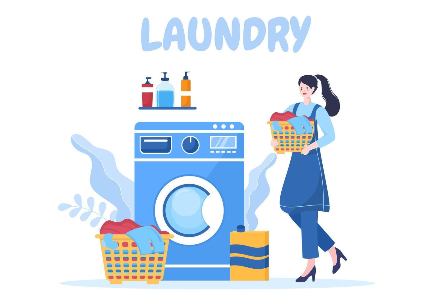 lavandería con máquinas de lavado y secado en ilustración de fondo plano. tela sucia tirada en la canasta y las mujeres están lavando ropa para una pancarta o un afiche vector
