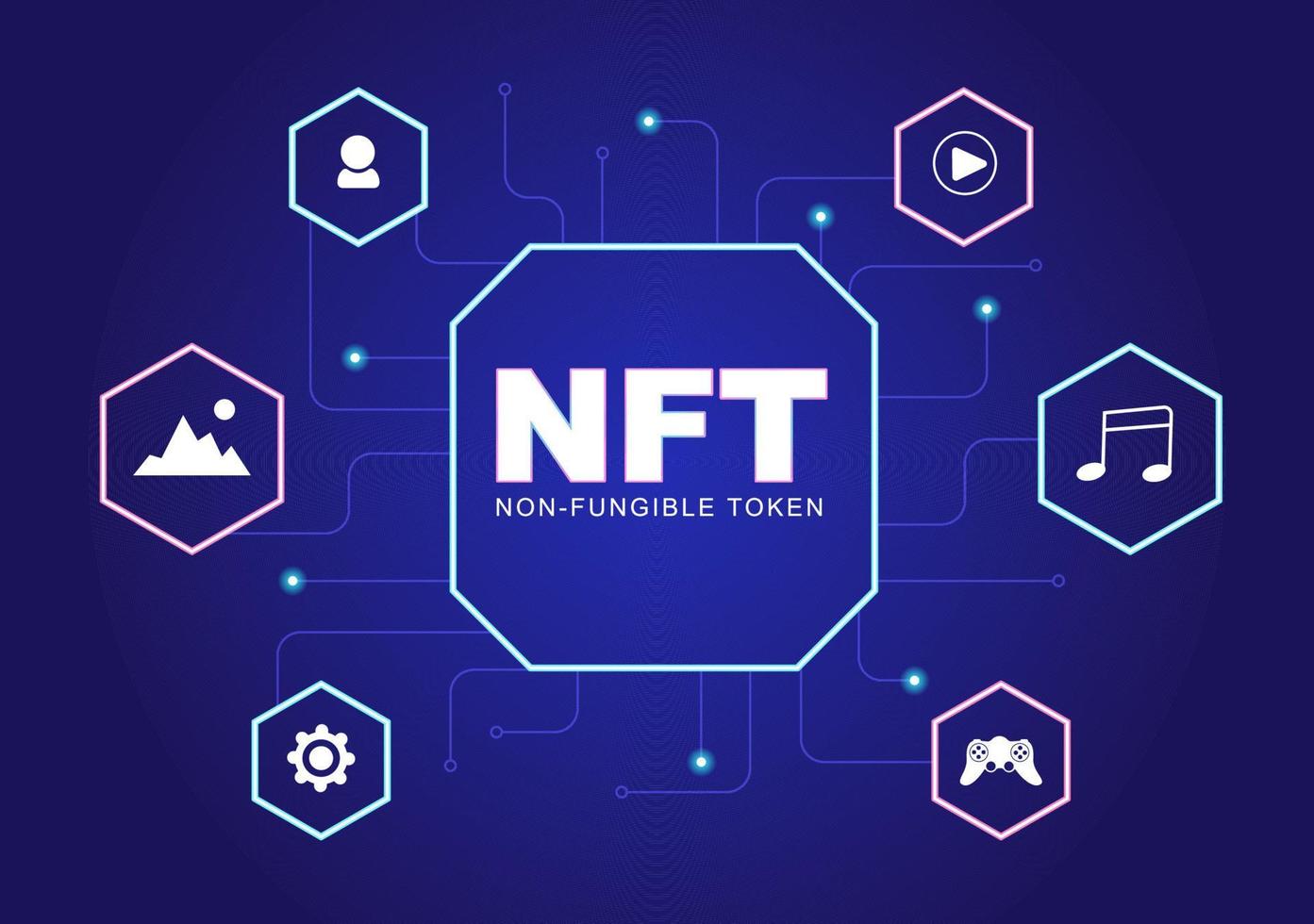 NFT Non Fungible Token Crypto Art of Converting Into Digital Network with Coin Servers for Banner or Poster in Flat Background Illustration vector