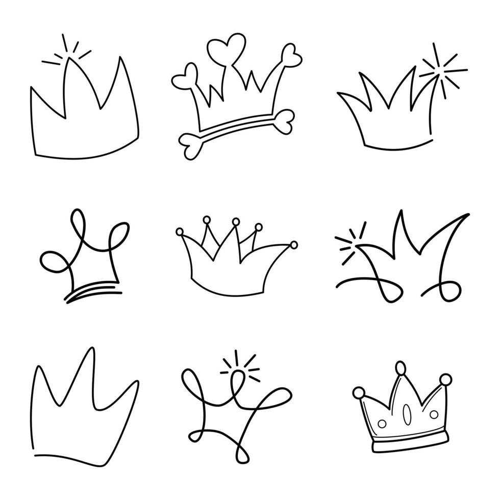 Doodle set crown line art, vector illustration.