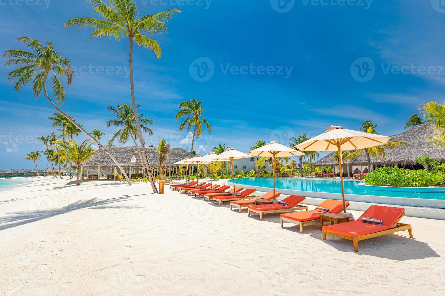 Panoramic holiday landscape. Luxurious beach resort hotel swimming pool and beach chairs or loungers under umbrellas with palm trees, blue sunny sky. Summer island seaside, travel vacation background photo