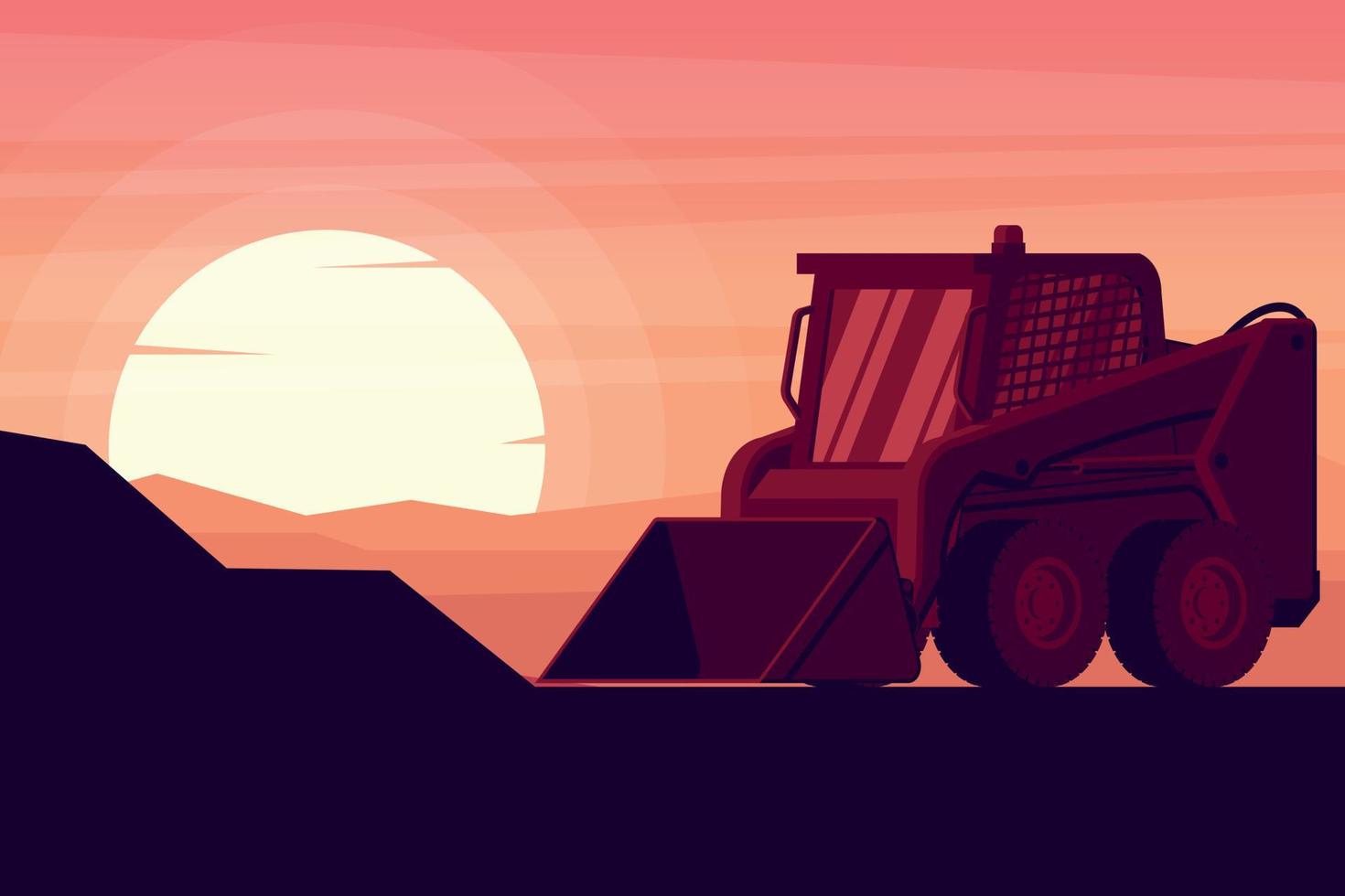 skid steer loader in a sunset with heavy construction and mining machinery vector