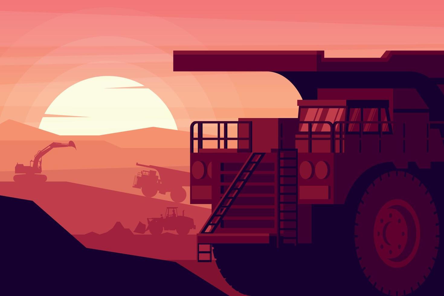 sunset background with heavy machinery of mining truck, excavator and front loader working in a mine vector