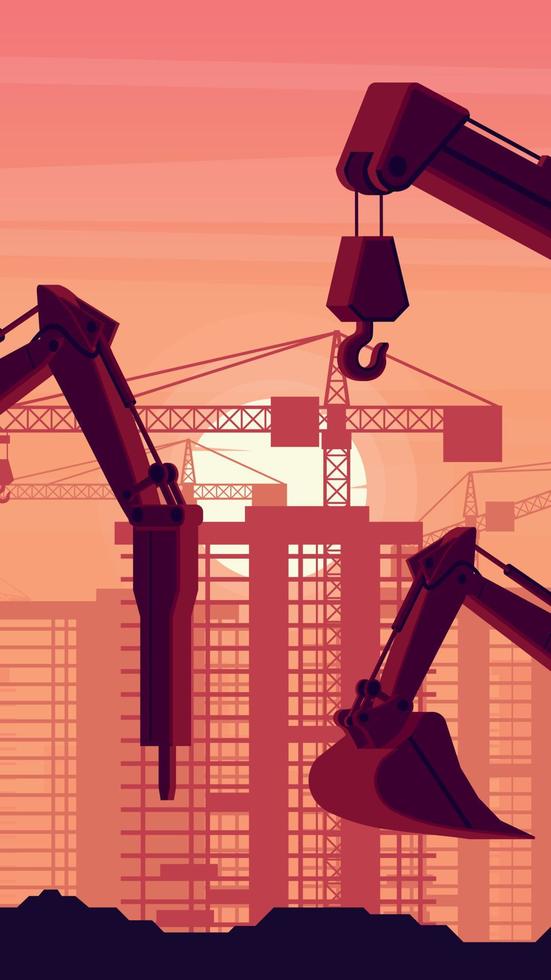 Hammer excavator, backhoe and telescopic crane with heavy machinery sunset background in a city under construction for mobile vector