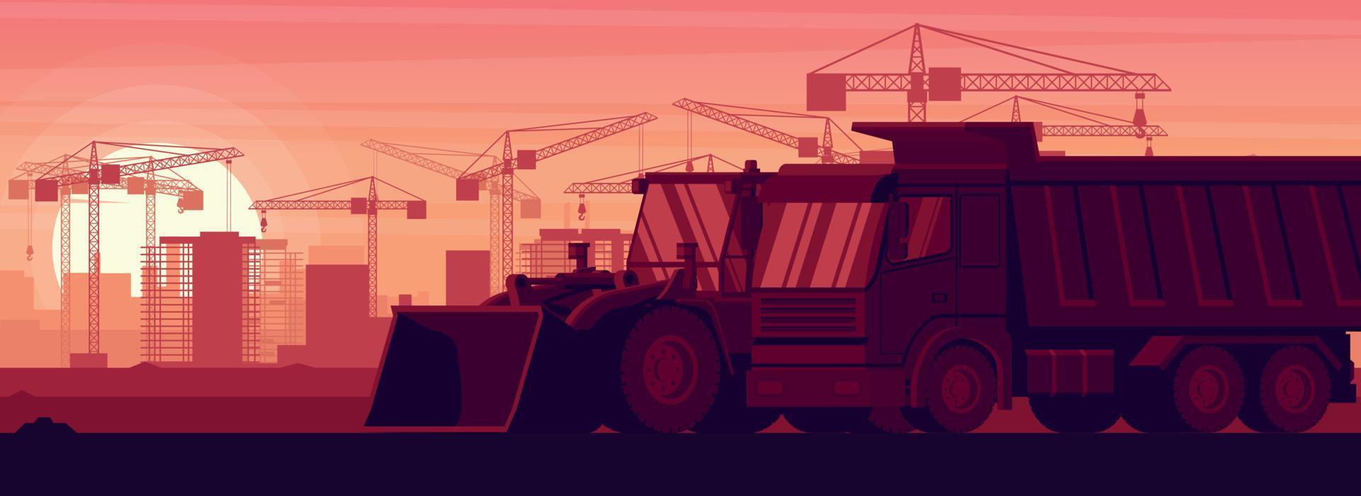 dumper truck and front loader in panoramic background in a sunset with heavy construction and mining machinery vector