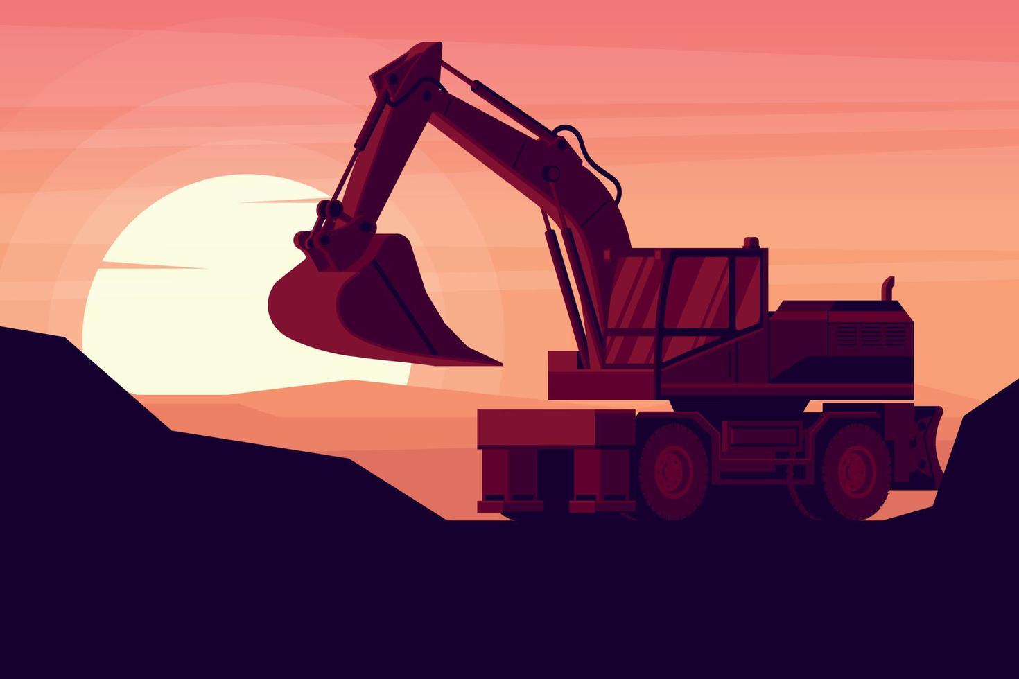 excavadora de ruedas en una puesta de sol con maquinaria pesada de construcción y minería vector