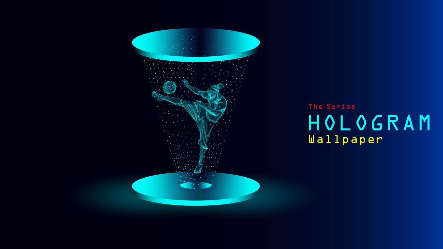 The series of hologram wallpaper. Action figure of a freestyle footballer on light projection. vector