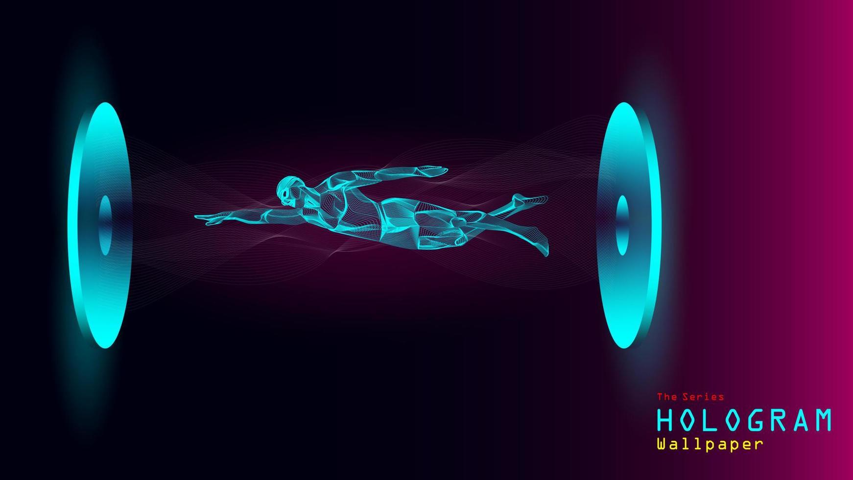 The series of hologram wallpaper. Action figure of a swimmer on light projection. vector