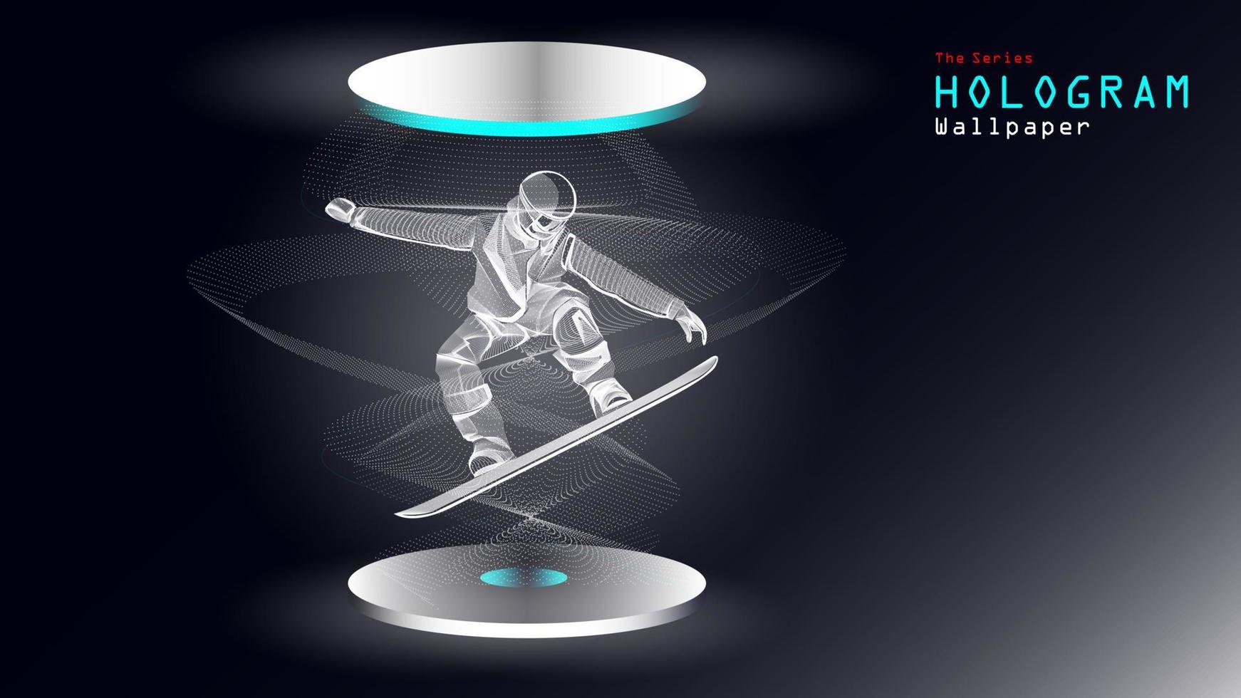 The series of hologram wallpaper. Action figure of a snow ski athlete on light projection. vector