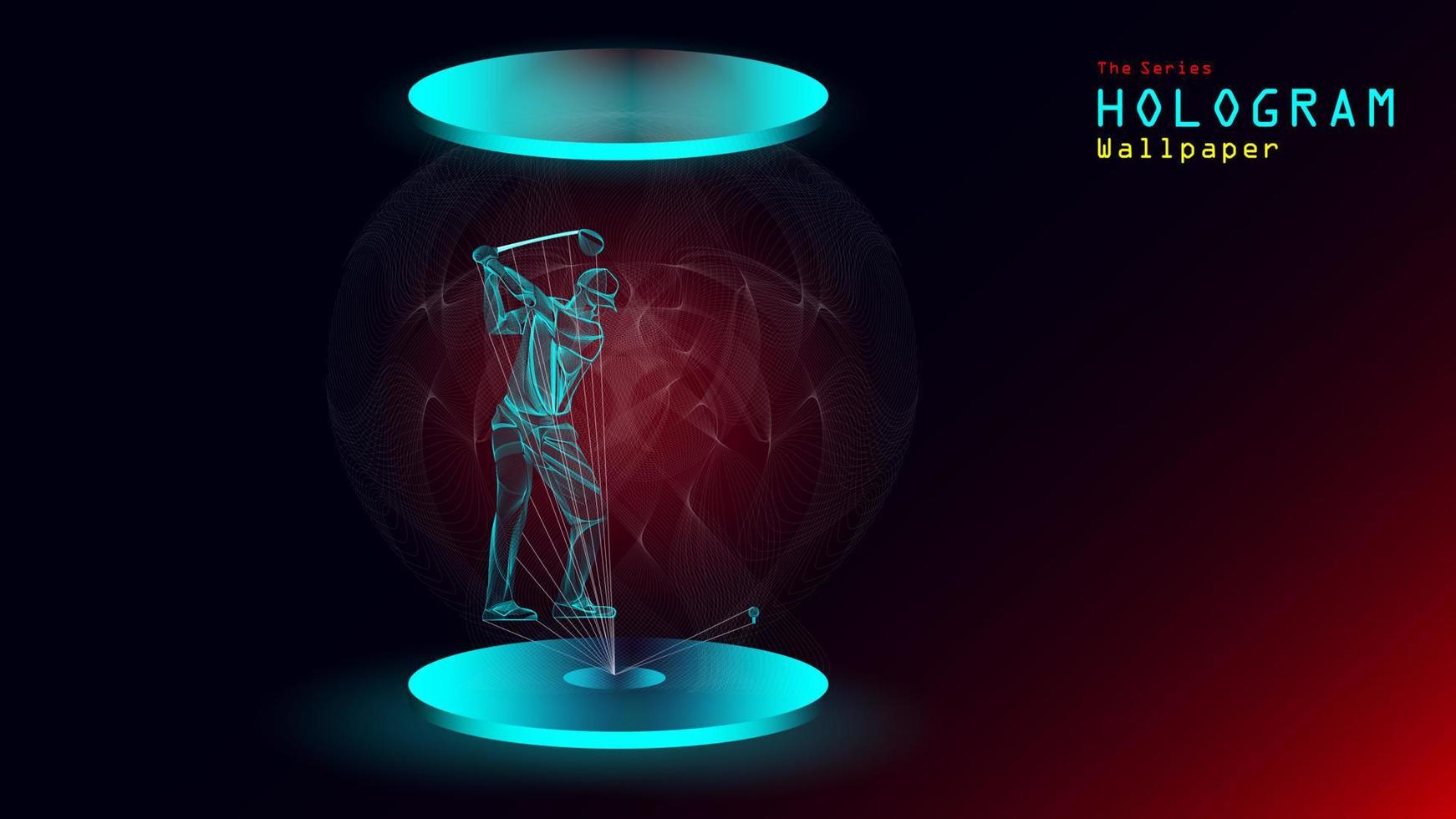 The series of hologram wallpaper. Action figure of a golf player on light projection. vector