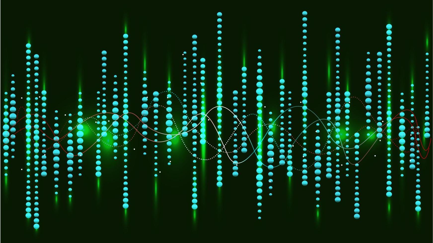 Glowing sound wave with dotted frequency lines and neon effects style. Green light circle walpaper. vector