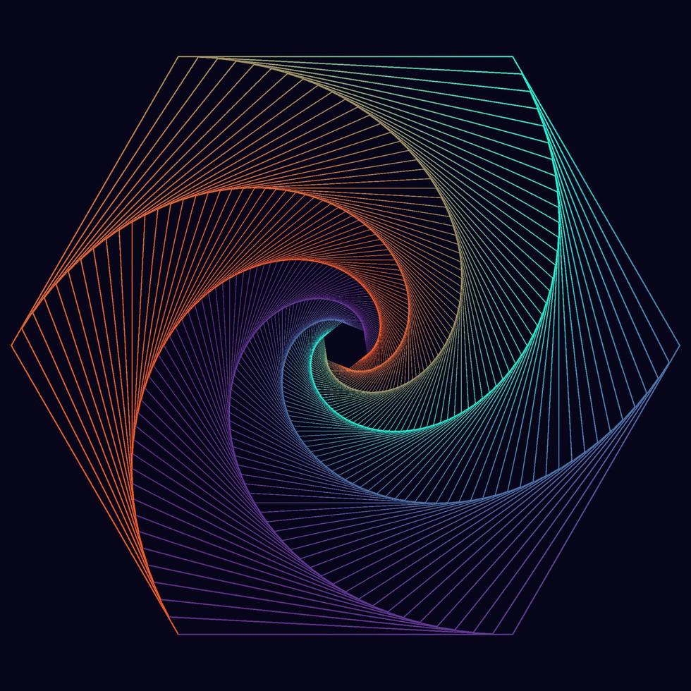 Hexagonal vortex line art style. Centered moving spiral lines. Neon effects background. vector