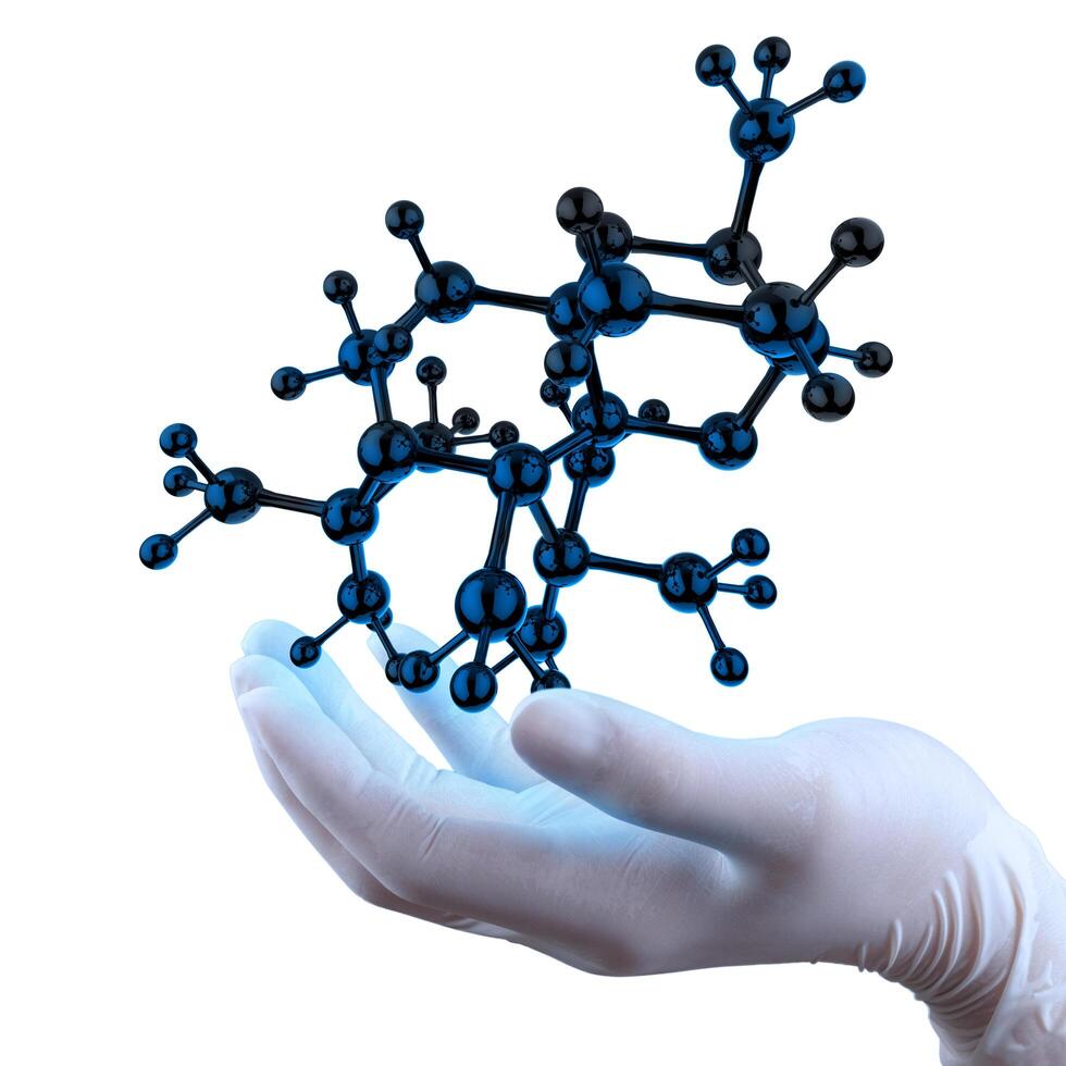 La mano del médico científico sostiene la estructura molecular virtual. foto