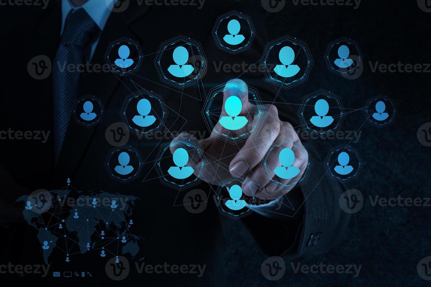 businessman hand points human resources, CRM and social media photo