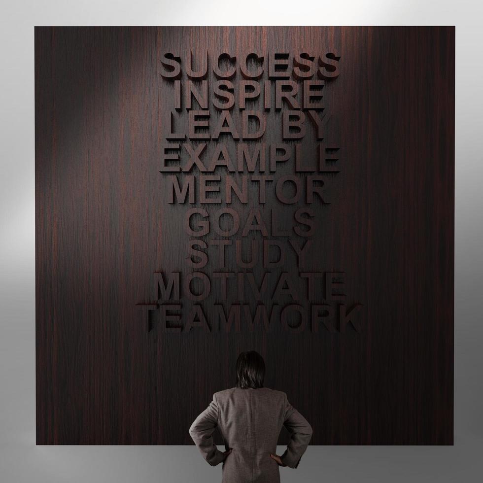 hombre de negocios pensando en el diagrama de negocios de éxito en la pared de madera foto