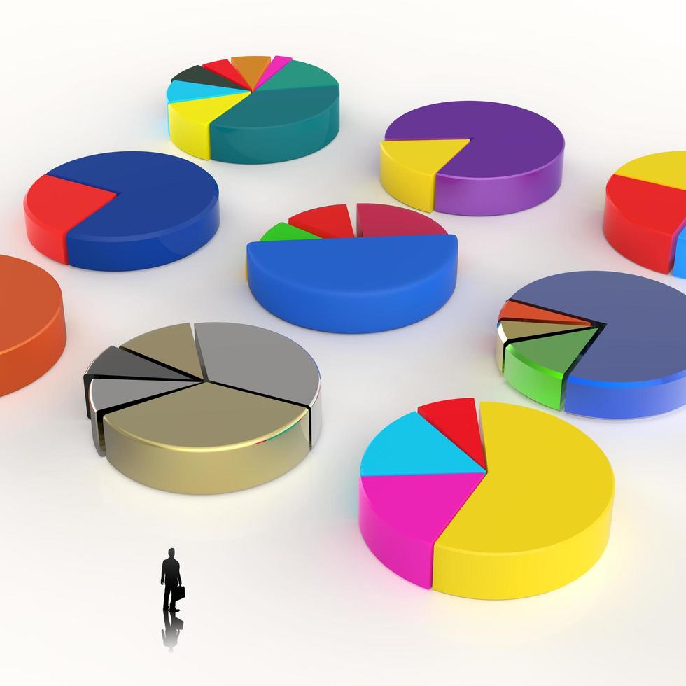 businessman walking to 3d Pie chart, made of different colors as concept photo