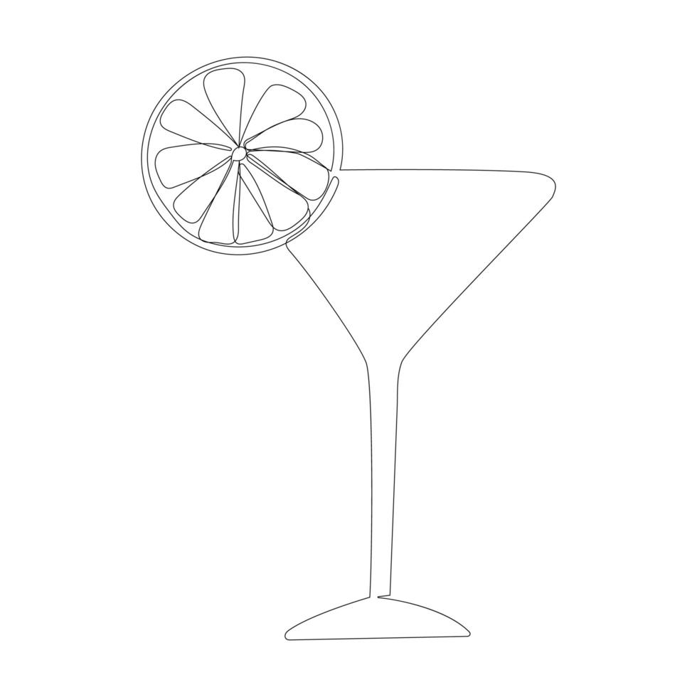 Continuous line drawing. Wineglass with cocktail and lemon. Isolated on white background. Hand drawn vector illustration.