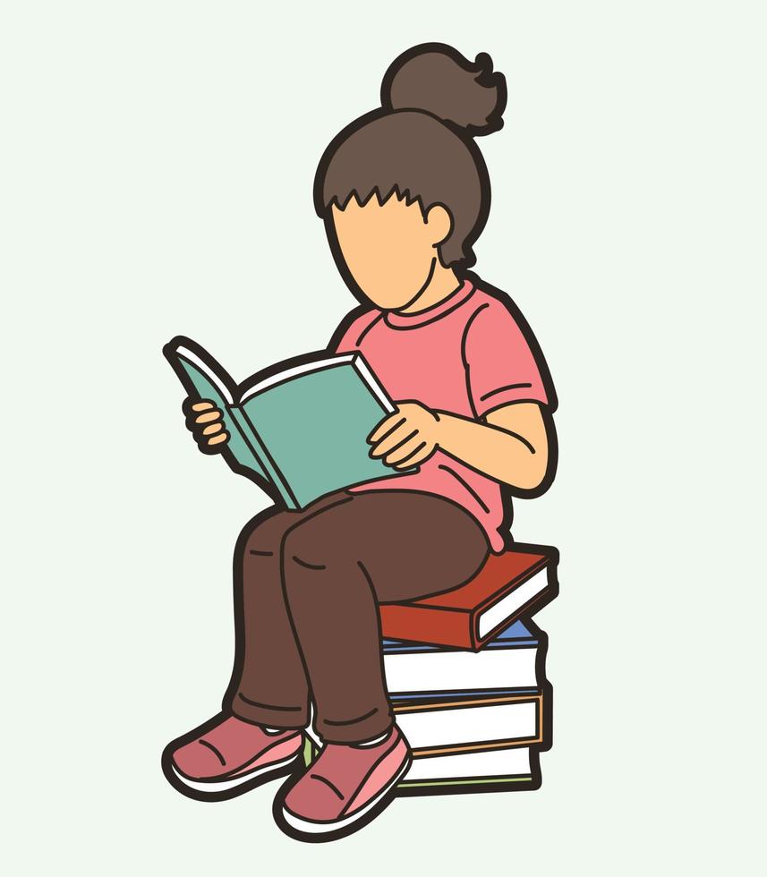 una niña sentada en una pila de libros y leyendo un vector de dibujos animados de libros