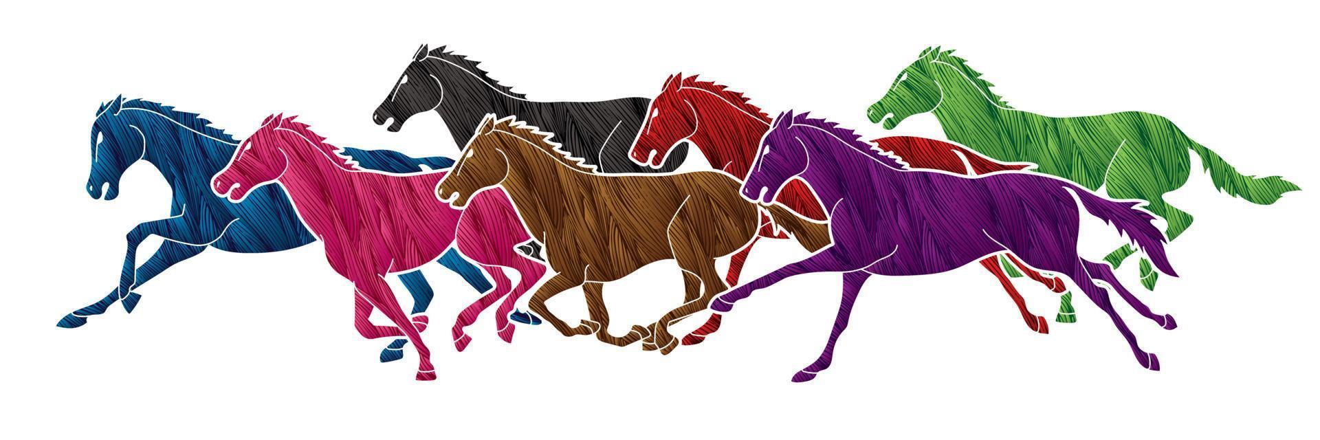 siete caballos corriendo pincel gráfico vector