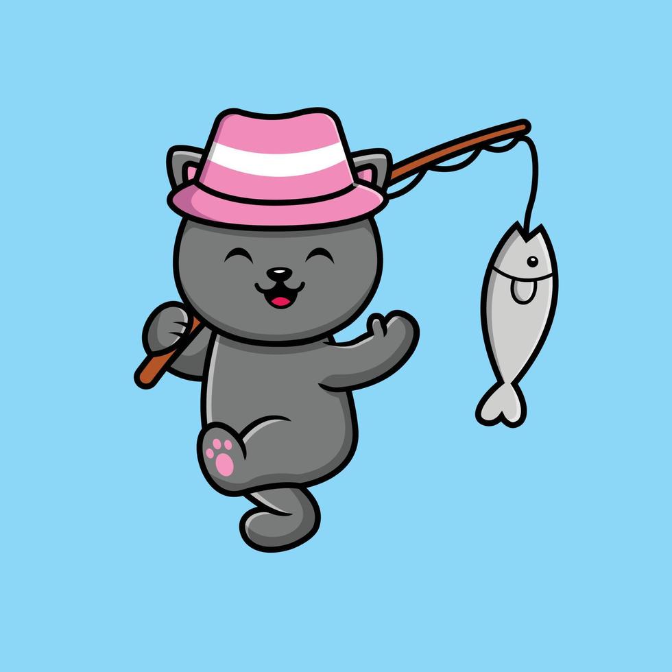 lindo gato pescando con cañas y sombrero de dibujos animados vector icono ilustración. concepto de icono de recreación animal vector premium aislado. estilo de dibujos animados plana