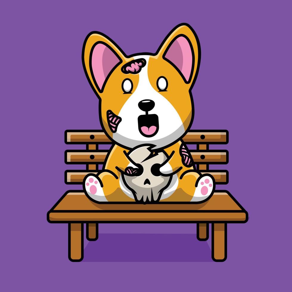 Cute Corgi Dog Zombie Holding Skull Bone Cartoon Vector Icon Illustration. Animal Nature Icon Concept Isolated Premium Vector. Flat Cartoon Style