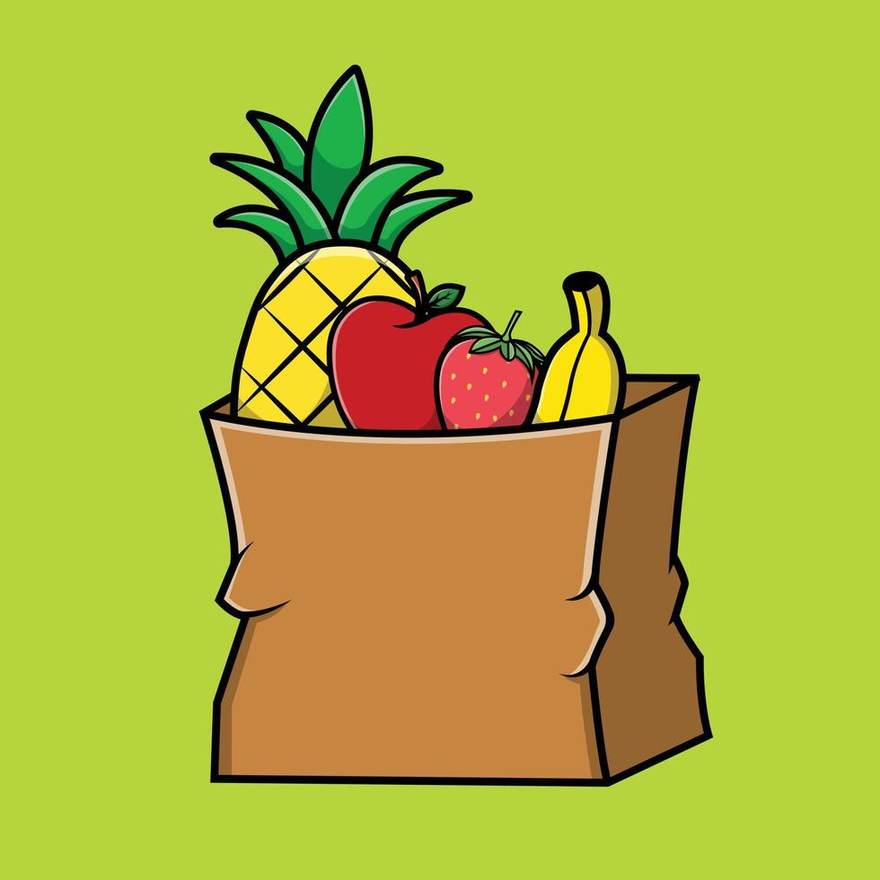fruta en la ilustración de icono de vector de dibujos animados de bolsa de supermercado. alimento naturaleza icono concepto aislado premium vector. estilo de dibujos animados plana
