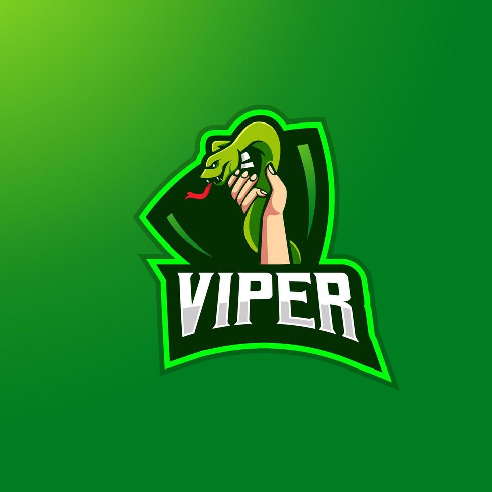 Hand holding venomous snake. Viper mascot logo design vector with modern illustration concept style for badge, emblem, gaming, esport and team