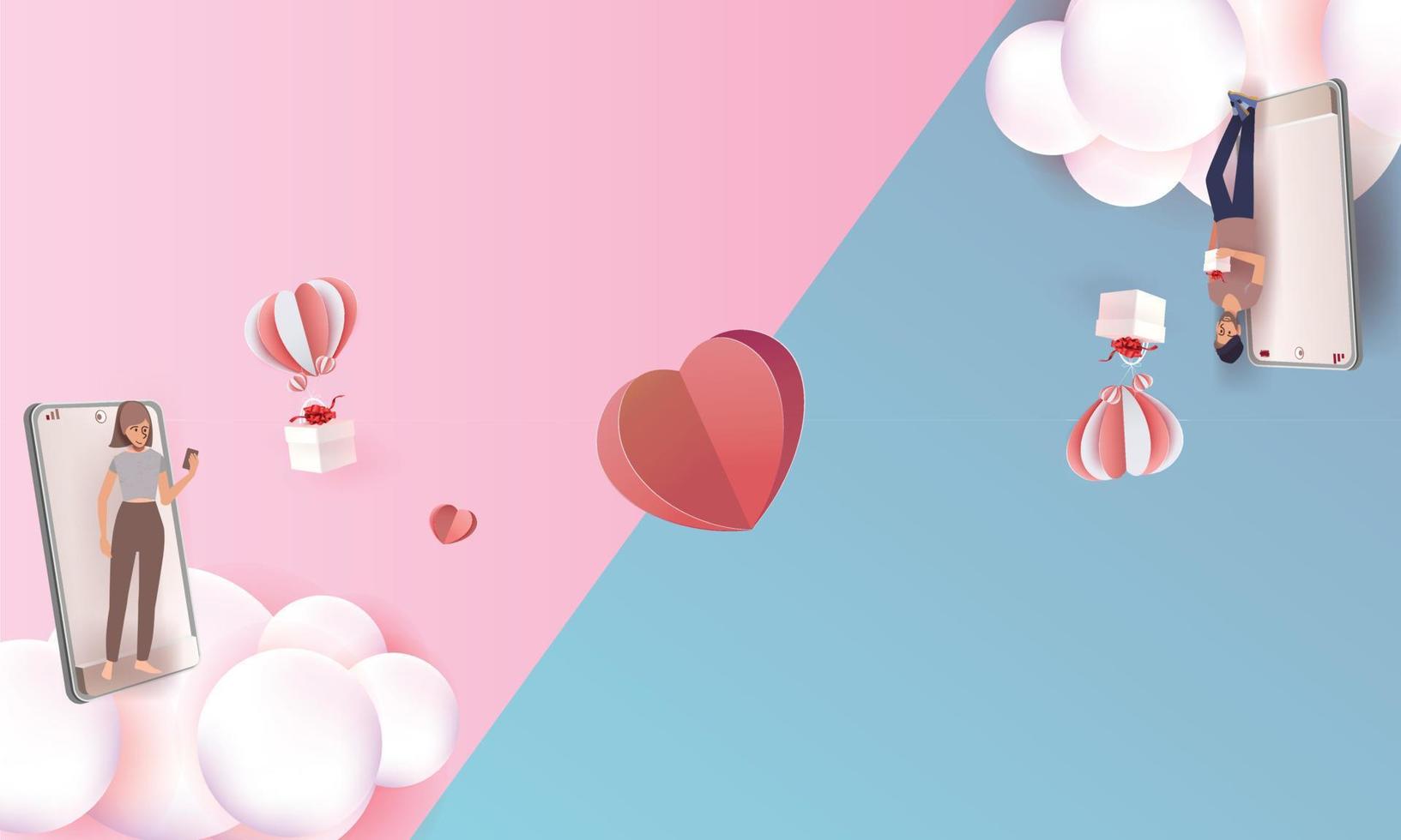 Valentine's day concept background. Vector illustration. 3d red and pink paper  realistic hearts cover  greeting in papercut realistic style. Paper clouds, flying banner.
