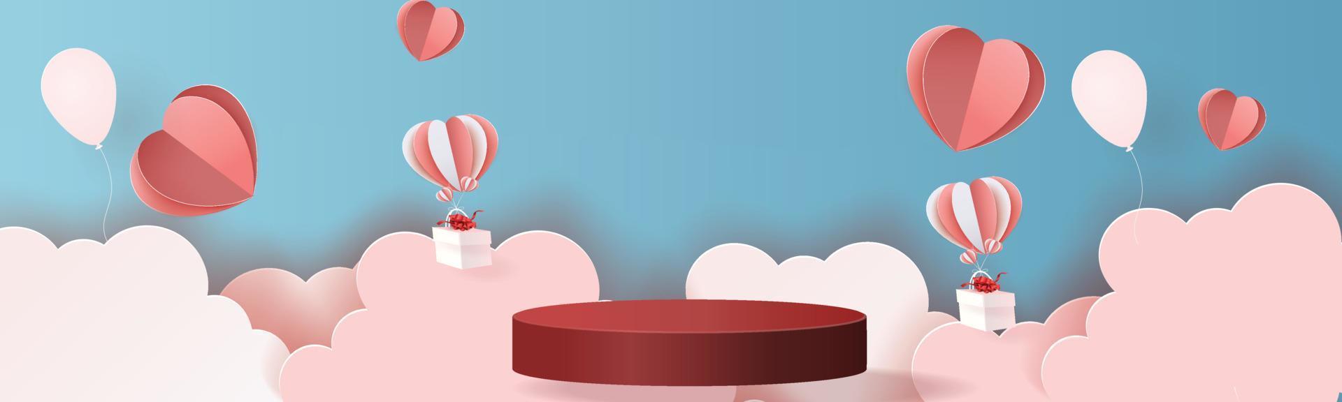 3d podium red product background for valentine.pink and heart love romance concept design vector illustation decoration banner