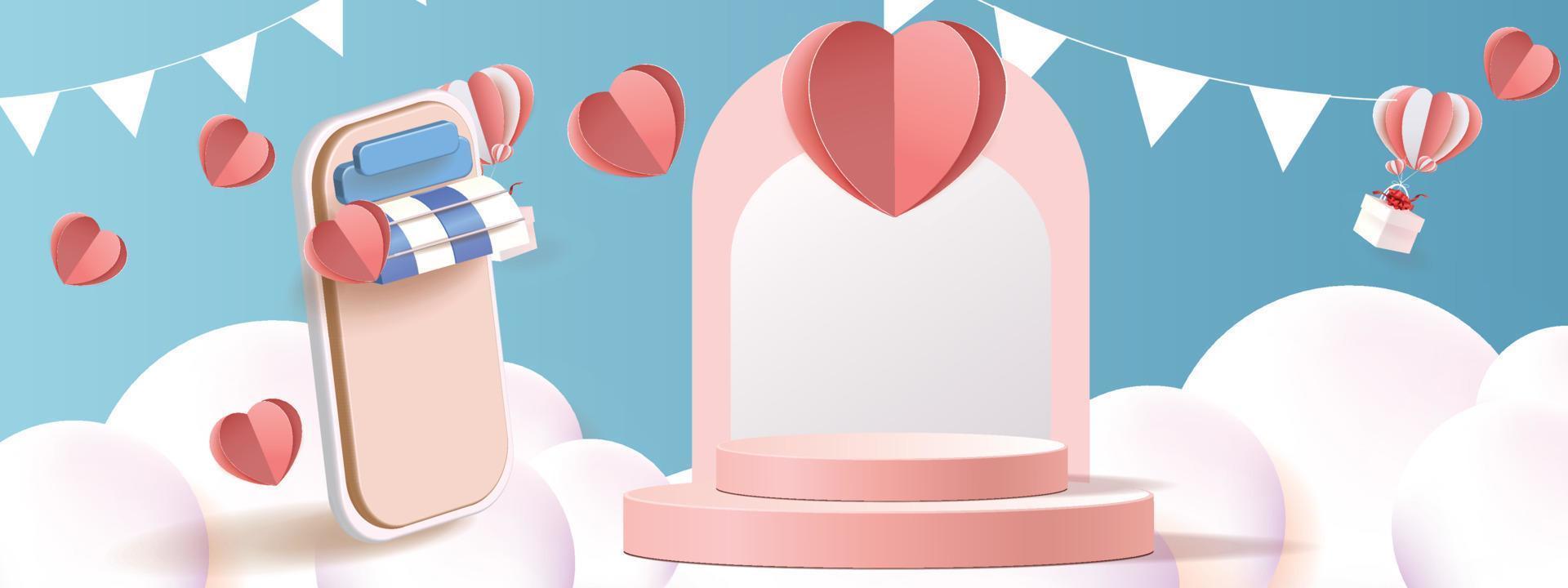 Fondo de producto rojo podio 3d para san valentín rosa y corazón amor romance concepto diseño vector illustation decoración banner