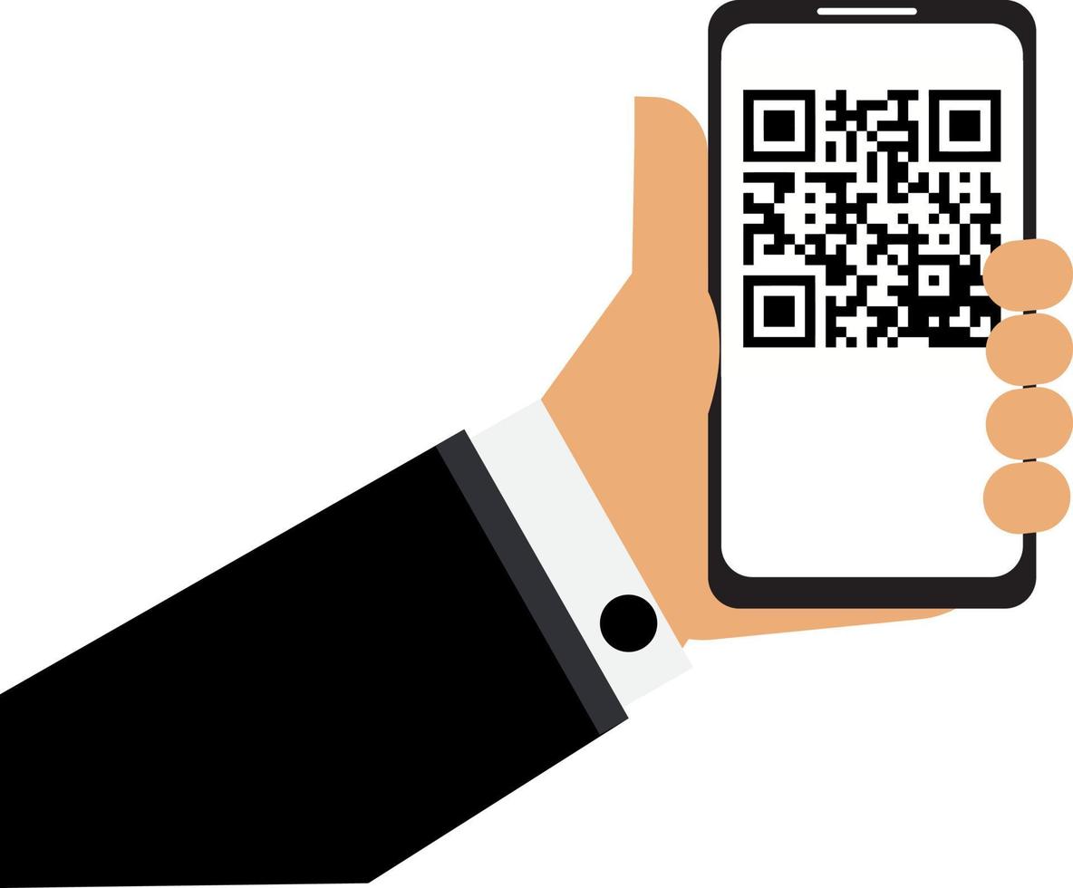 QR code icon on smartphone screen. Hand holding smartphone. Modern vector outline object.