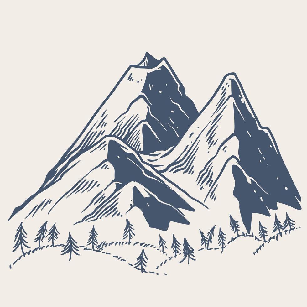 dibujado a mano de tres grandes montañas rocosas con pequeños pinos. vector