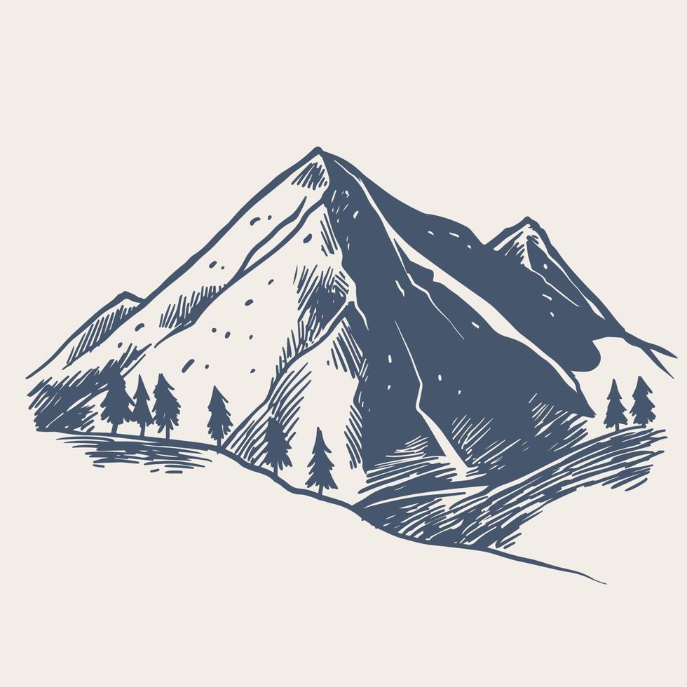 dibujado a mano de montaña con pinos y paisaje negro vector