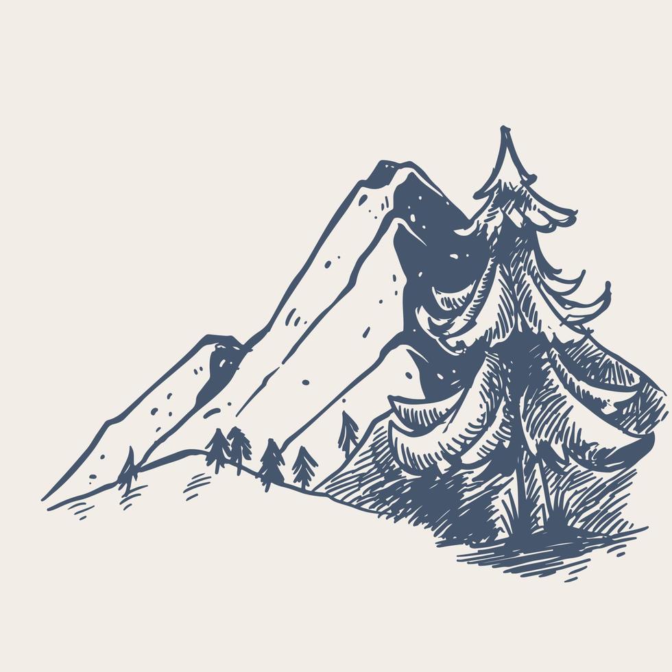 Sketch of Mountain with big pine tree. Hand drawn vector landscape.