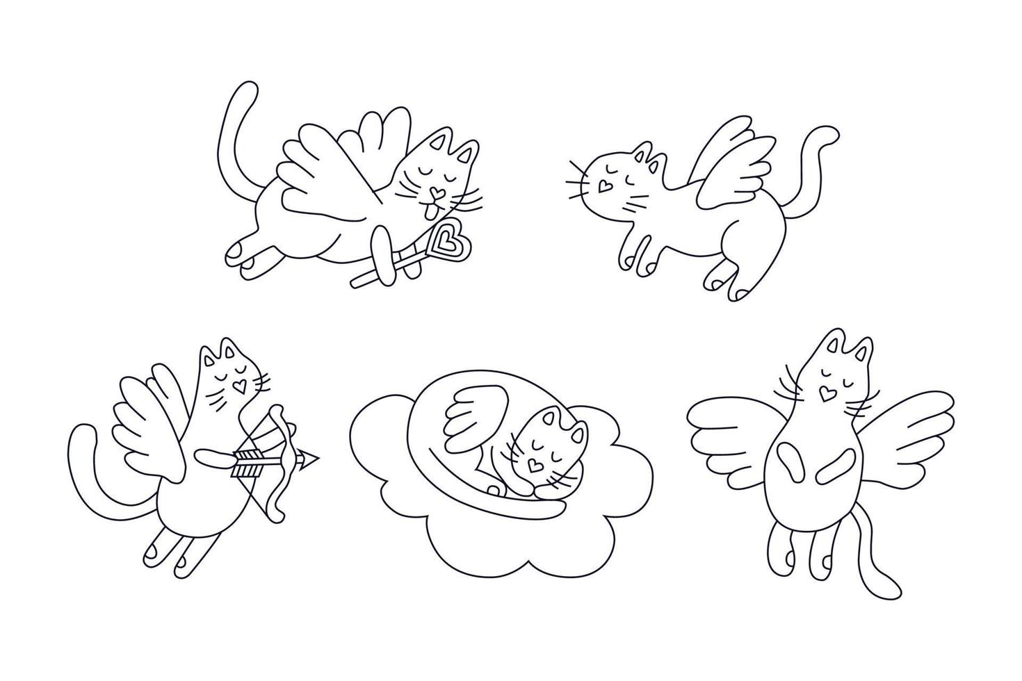 Flying cats. Cute kitty. Symbol of love. Set of vector illustrations in doodle style for valentines day or wedding on white background