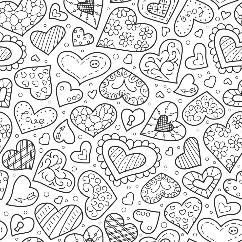 Valentines day pattern. Cute hand drawn hearts in doodle style. Seamless pattern on white background. Vector illustration