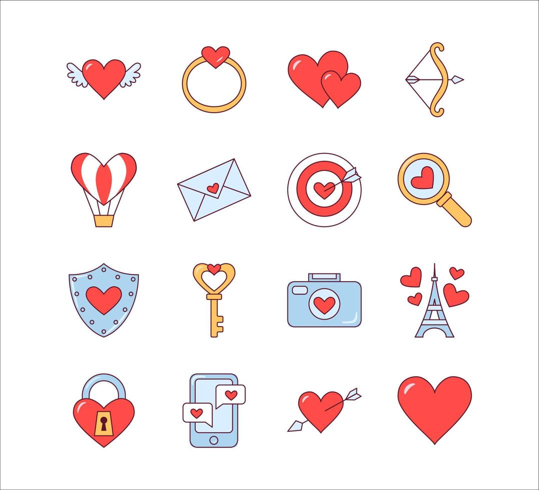 Valentines day. Heart, ring, arrow, phone icons. Set of cute isolated icons. Symbols of love. Vector illustration isolated in linear style on white background
