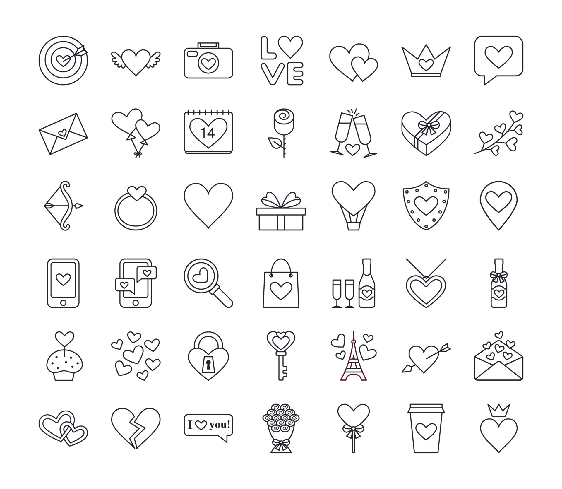 Valentines day. Heart, ring, arrow, phone icons. Set of cute ...