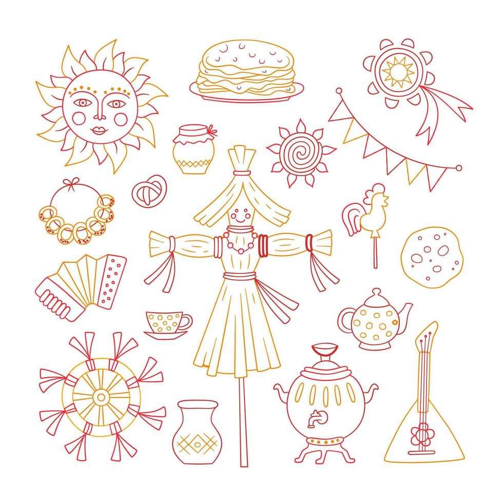 Maslenitsa. Pancake week elements - pancake, samovar, candy, balalaika, sun, scarecrow of winter, sour cream, accordion. Shrovetide. vector