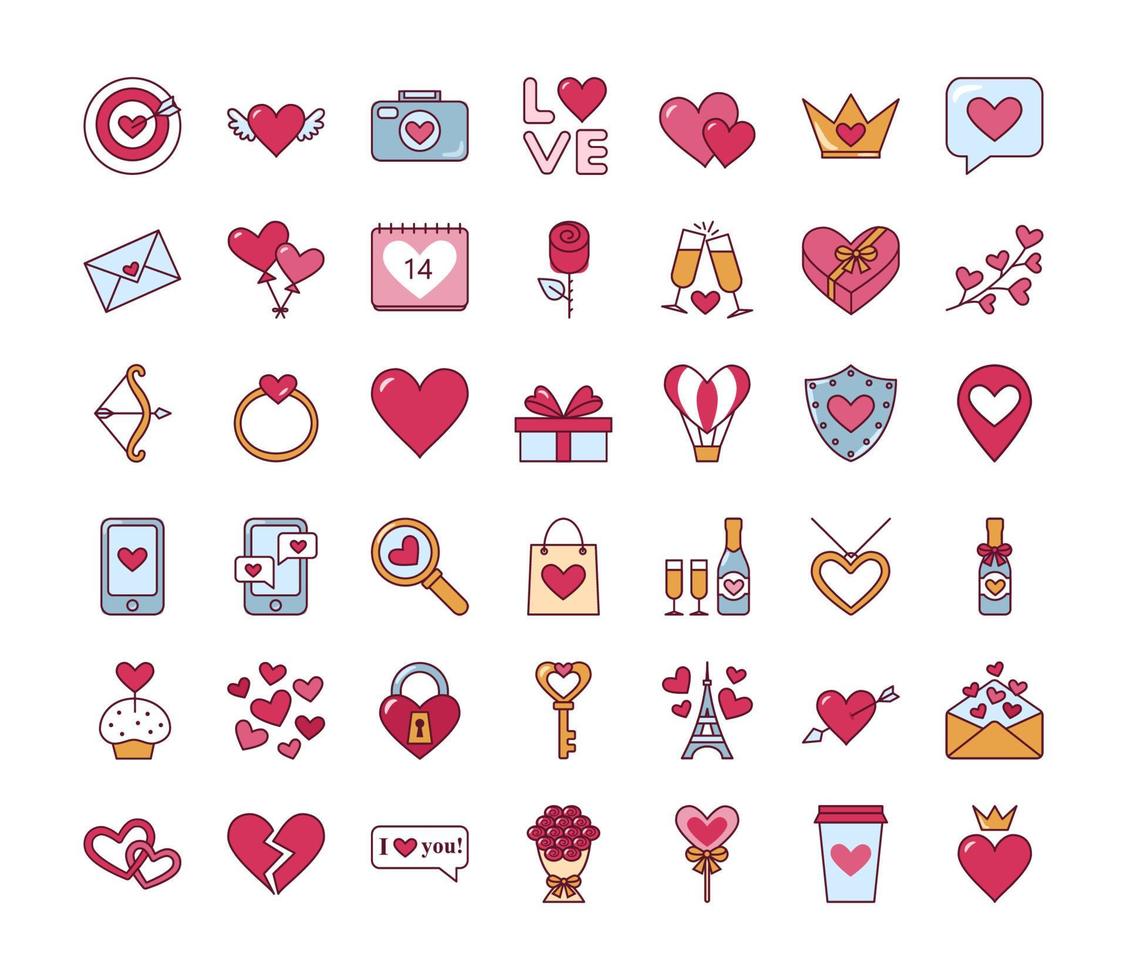 Valentines day. Heart, ring, arrow, phone icons. Set of cute isolated icons. Symbols of love. Vector illustration isolated in linear style on white background