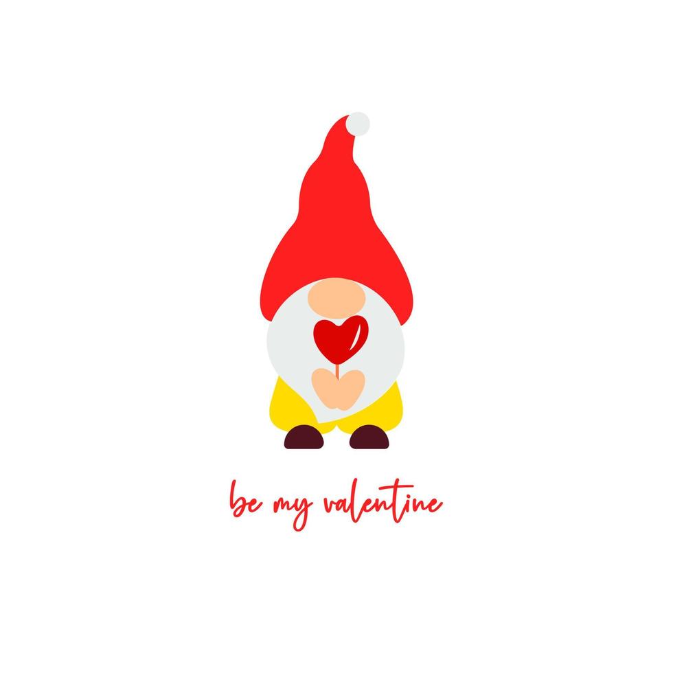 Cute Valentine s Day gnome with heart. Vector illustration. Be my valentine script. Funny quote. Template for greeting card, label, tag, print for clothes, mug, pillow