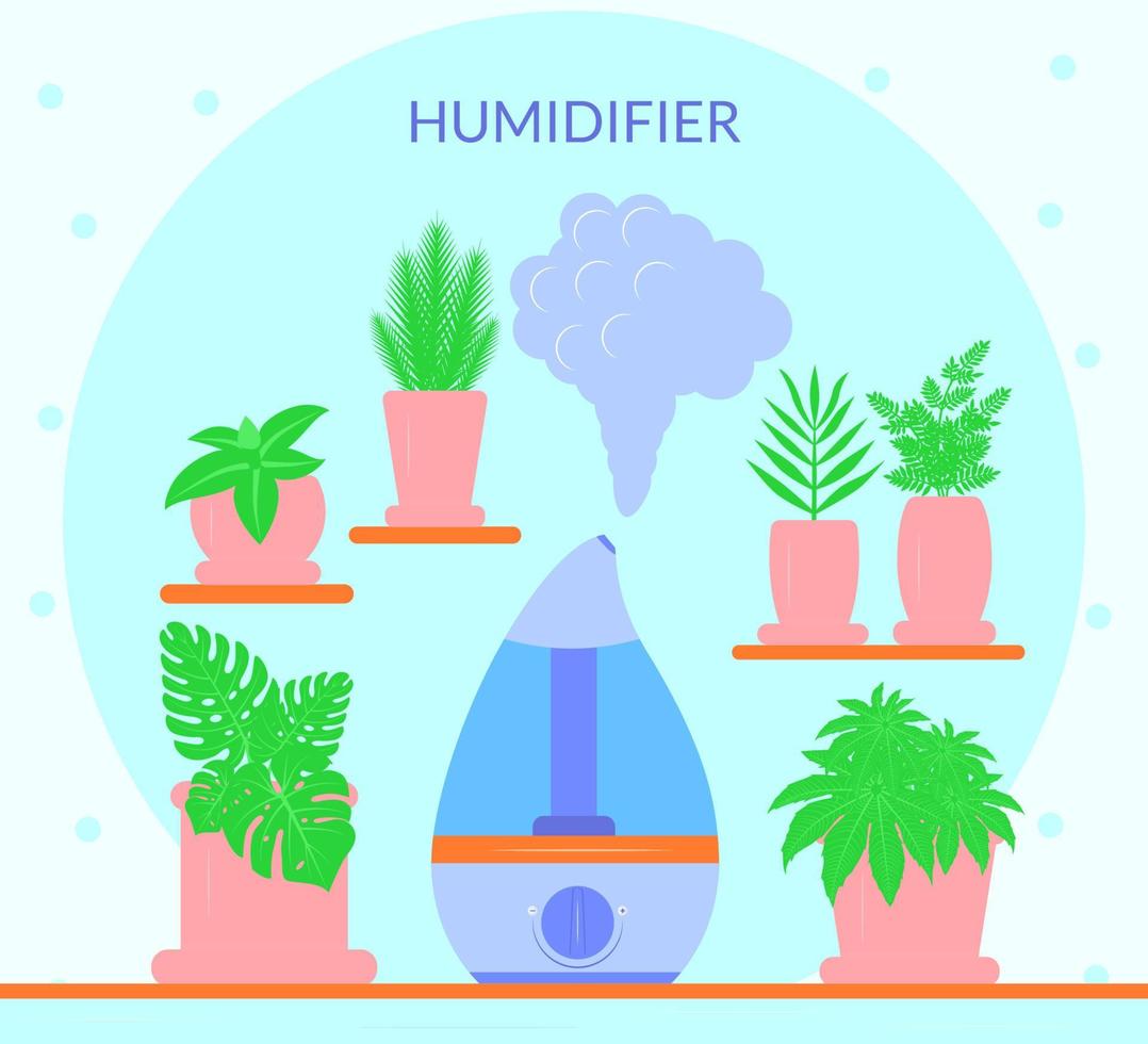 Humidifier with plants. Healthcare concept on table. blue background. Clean wet air at home. Vector illustration. Flat tyle.