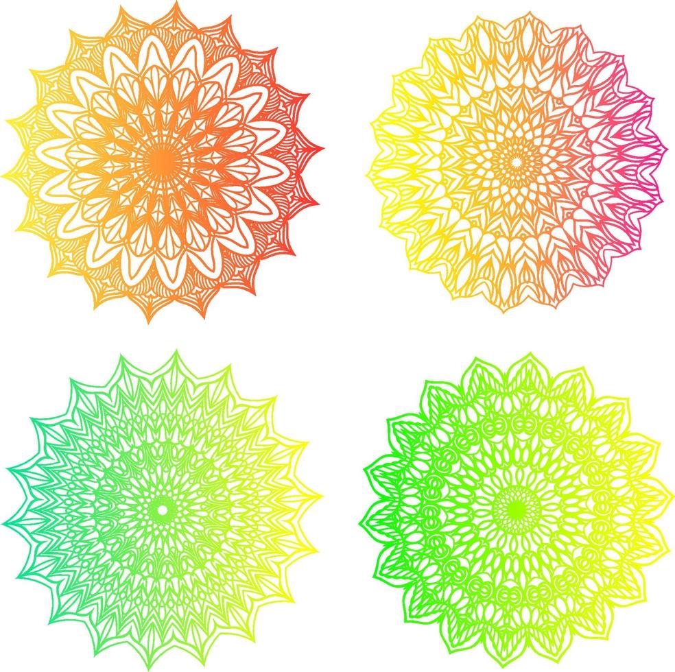 diseño de mandalas. conjunto de cuatro sobre fondo blanco. color degradado verde, azul, amarillo, rojo. concepto bohemio. plantilla de yoga indio. elementos gráficos vectoriales para logotipo, impresión, patrón. vector