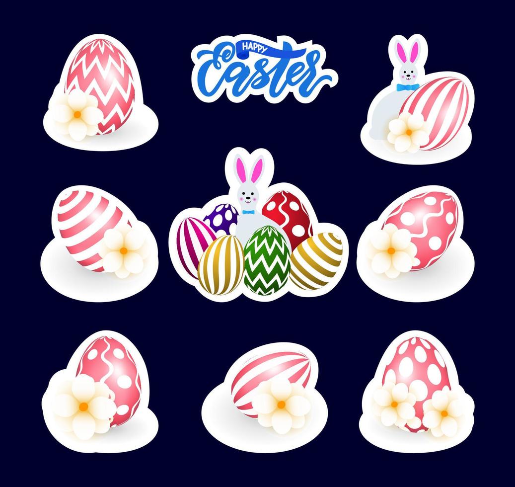 conjunto de pegatinas de pascua con huevos coloridos, rosas, conejito. como decoración para caja de regalo, cartas, comida, taza. divertido diseño de vacaciones. vector